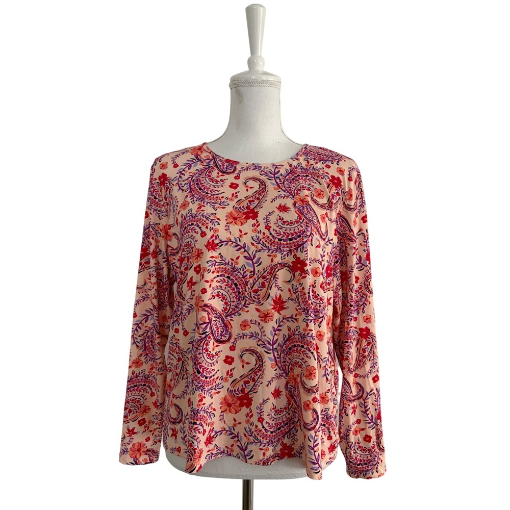 Lands End UPF50 Women XL Peach Paisley Floral Long Sleeve Crewneck Jersey Swim